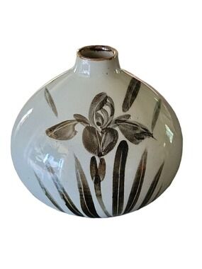 Vintage Toyo Japan Mid-Century Pottery Bulbous Stoneware Vase Hand-Painted Iris